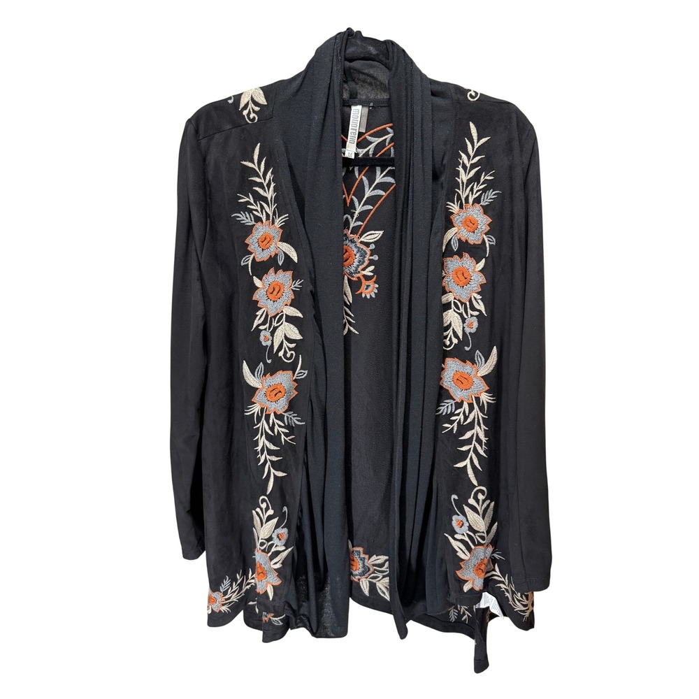 Monoreno Cardigan Women M Black Floral Embroidered Open Front Boho Suede-Feel